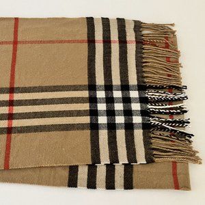 Trendy and classic tan plaid cashmere mix scarf